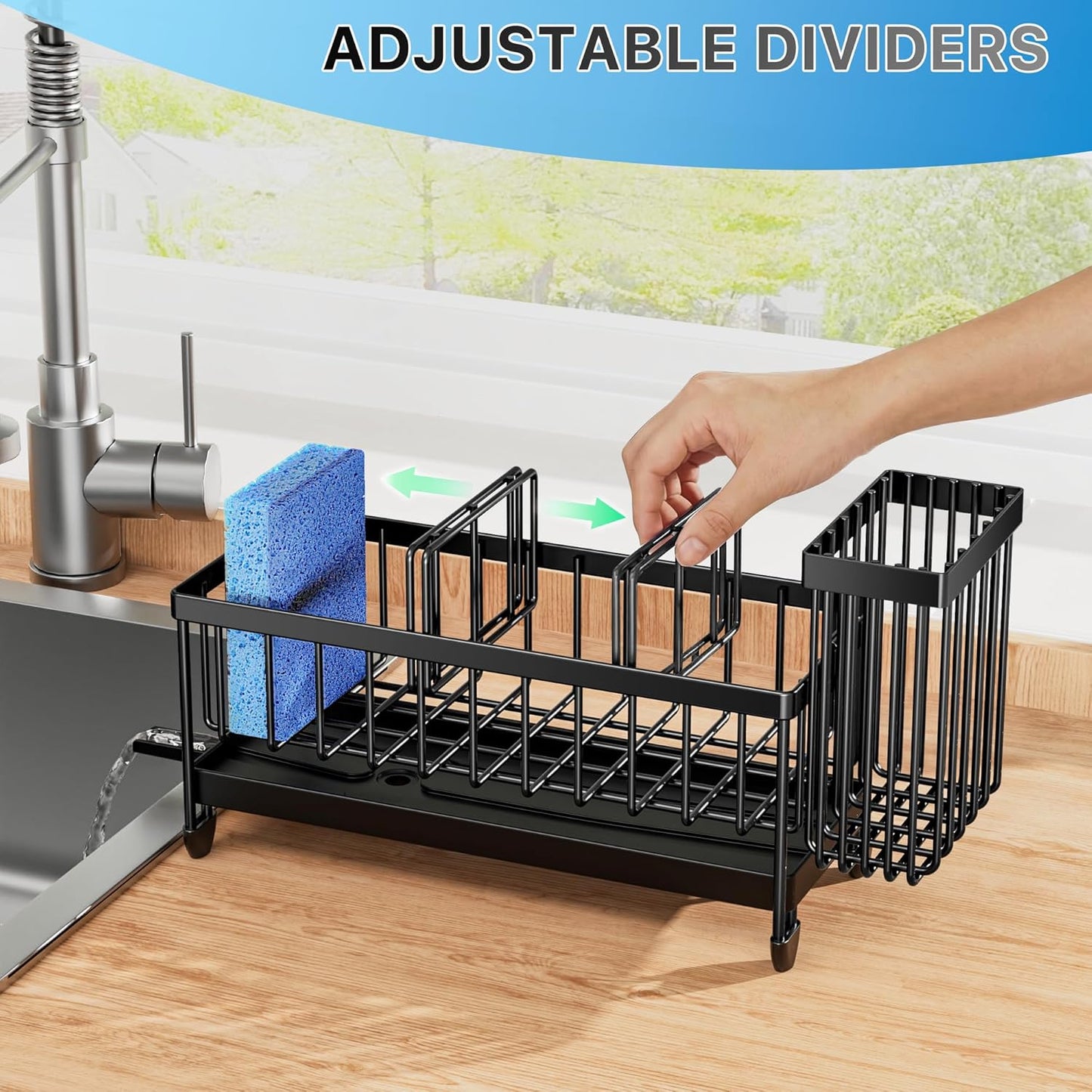 Cisily Sink Caddy Sponge Holder for Kitchen with Brush Holder and Stainless Steel Self Drain Tray, Rustproof Kitchen Sink Organizer for Sponge, Soap Dispenser Storage Accessories