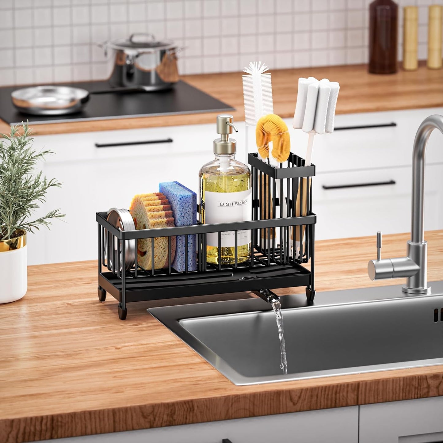 Cisily Sink Caddy Sponge Holder for Kitchen with Brush Holder and Stainless Steel Self Drain Tray, Rustproof Kitchen Sink Organizer for Sponge, Soap Dispenser Storage Accessories