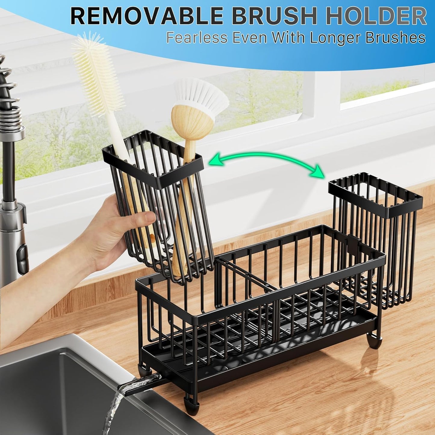 Cisily Sink Caddy Sponge Holder for Kitchen with Brush Holder and Stainless Steel Self Drain Tray, Rustproof Kitchen Sink Organizer for Sponge, Soap Dispenser Storage Accessories