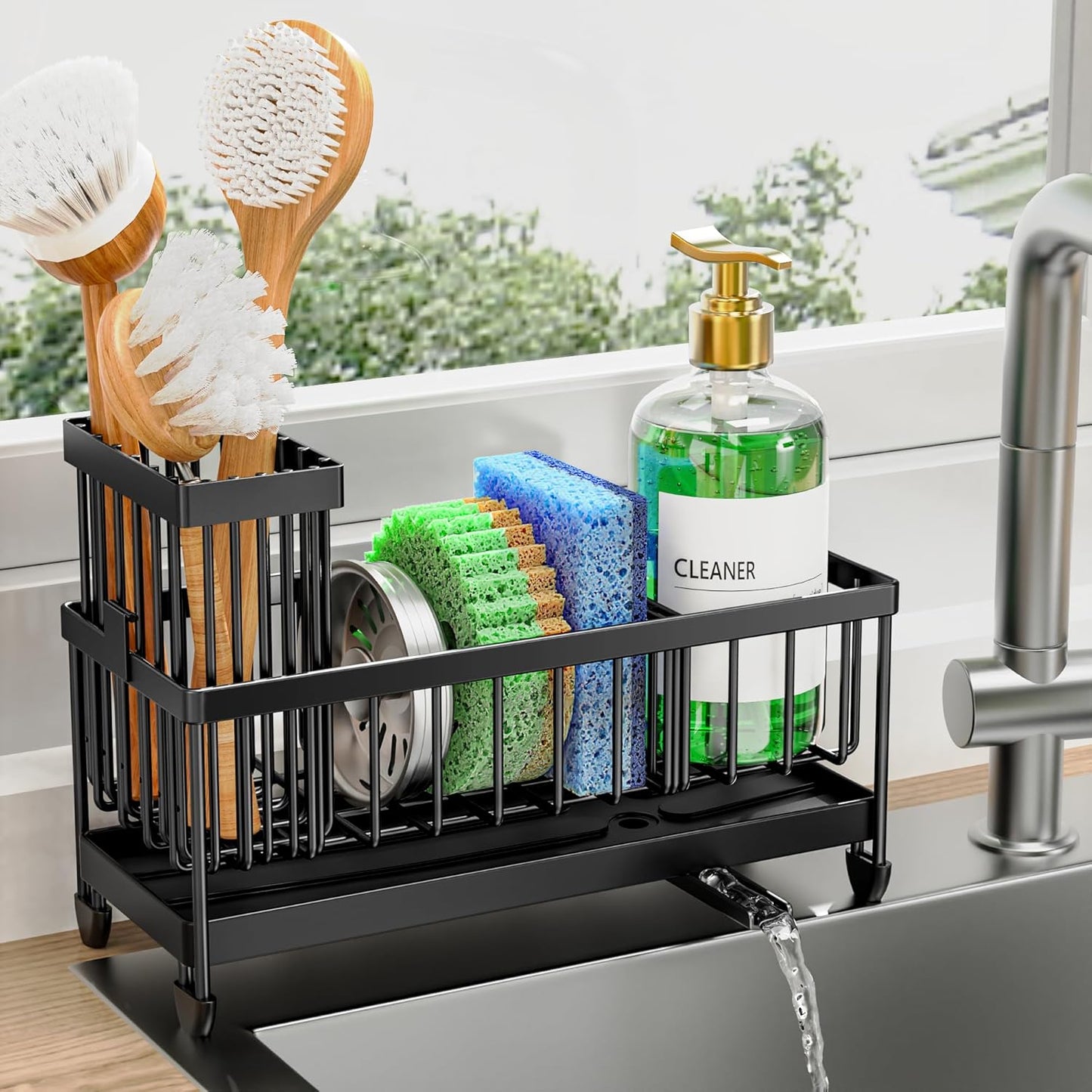 Cisily Sink Caddy Sponge Holder for Kitchen with Brush Holder and Stainless Steel Self Drain Tray, Rustproof Kitchen Sink Organizer for Sponge, Soap Dispenser Storage Accessories